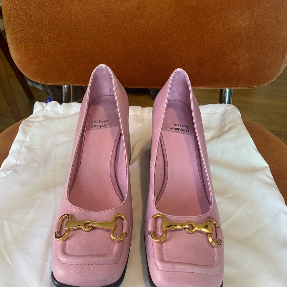 Jeffrey Campbell Pink Loafer Heels with Gold Buckle
